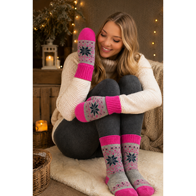Set of winter socks and knitted mittens ALTA SET made of merino wool and alpaca GREY