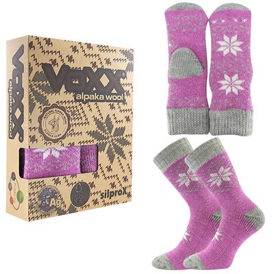 Set of winter socks and knitted mittens ALTA SET made of merino wool and alpaca PINK