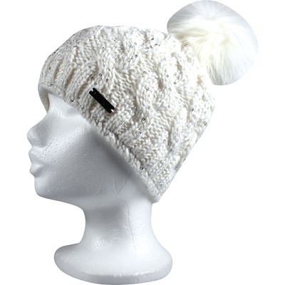 ASTRA women's knitted hat with sequins and pom-pom, WHITE