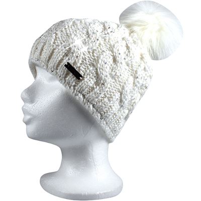 ASTRA women's knitted hat with sequins and pom-pom, WHITE