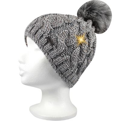 ASTRA women's knitted hat with sequins and pom-pom GREY