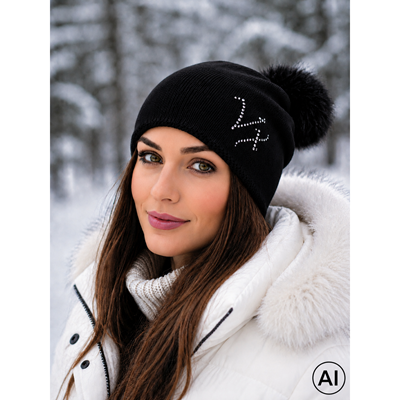 CLIO women's knitted hat with rhinestones and pompom BLACK