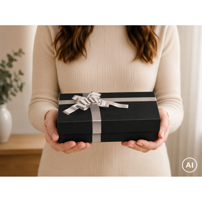 Luxury BLACK paper gift box with silver ribbon