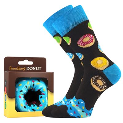 Funny DONUT socks in a BLUE box
