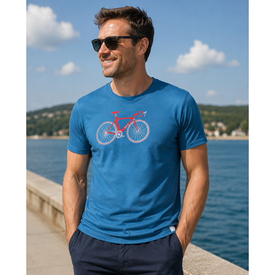 Men's bamboo FUZZY T-shirt with BIKE image, petrol blue