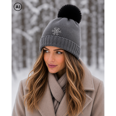 GRANDEURA women's knitted hat with pompom and Swarovski crystals ANTHRACITE