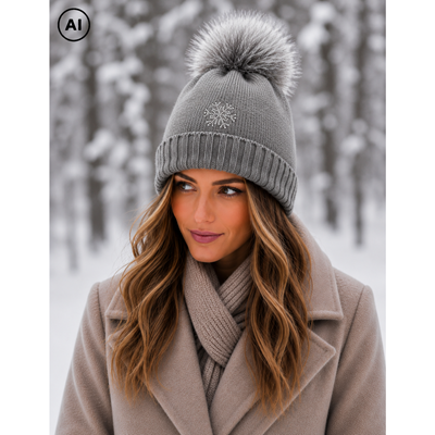 GRANDEURA women's knitted hat with pompom and Swarovski crystals GREY