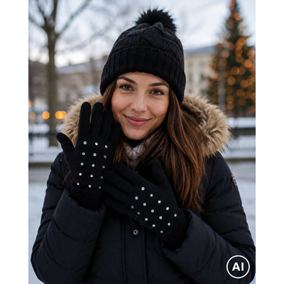 LEAF women's knitted gloves with Swarovski crystals BLACK
