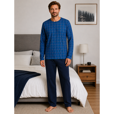 Men's long-sleeved pyjamas LOPPING blue CHECKS