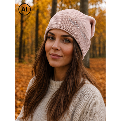 MICRA women's knitted cotton hat with Swarovski crystals PINK