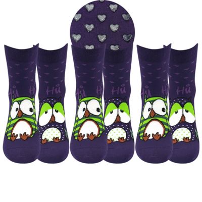 Women's terry socks PRUHANA ABS 12 with owls BLUEBERRY