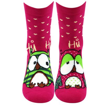 Women's terry socks PRUHANA 12 with owls MAGENTA