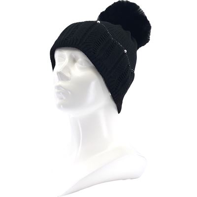Women's knitted hat with viscose and pompom, BLACK