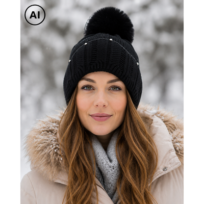 Women's knitted hat with viscose and pompom, BLACK