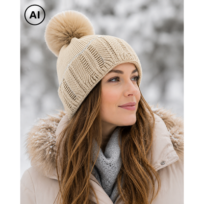 Women's knitted hat with viscose and pompom, CREAM