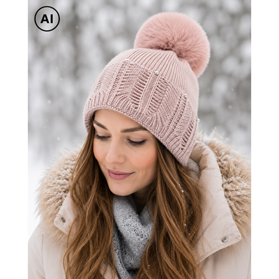 Women's knitted hat with viscose and pompom, REXTONA, PINK