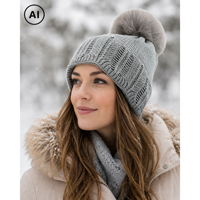Women's knitted hat with viscose and pompom, LIGHT GREY