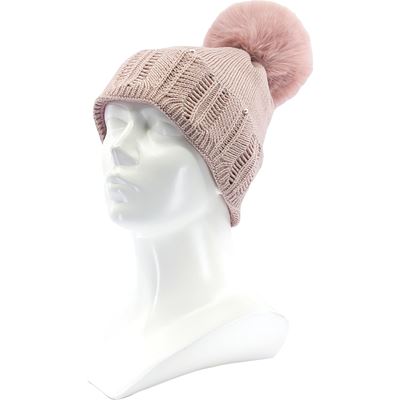 Women's knitted hat with viscose and pompom, REXTONA, PINK