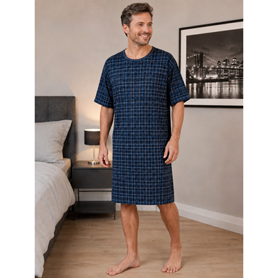 SEEKING dark blue CHECKED short-sleeved nightshirt