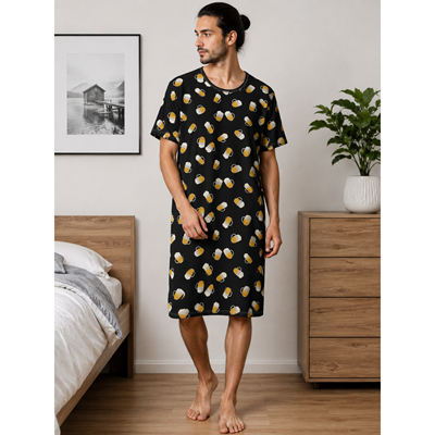 SEEKING short-sleeved nightshirt with half-litres of BEER