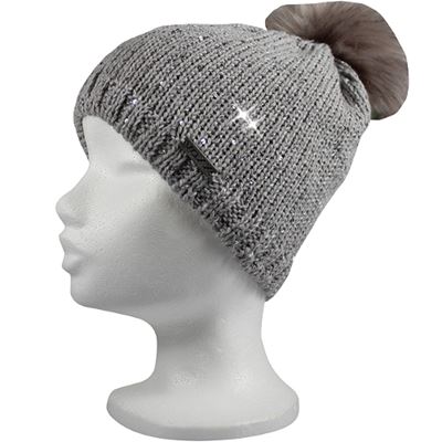 TWINGO women's knitted hat with sequins and pompom GREY