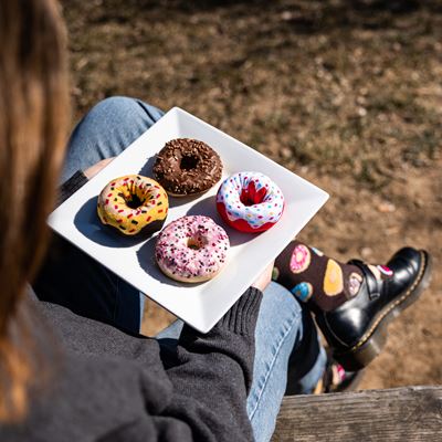 Funny DONUT socks in a BLUE box